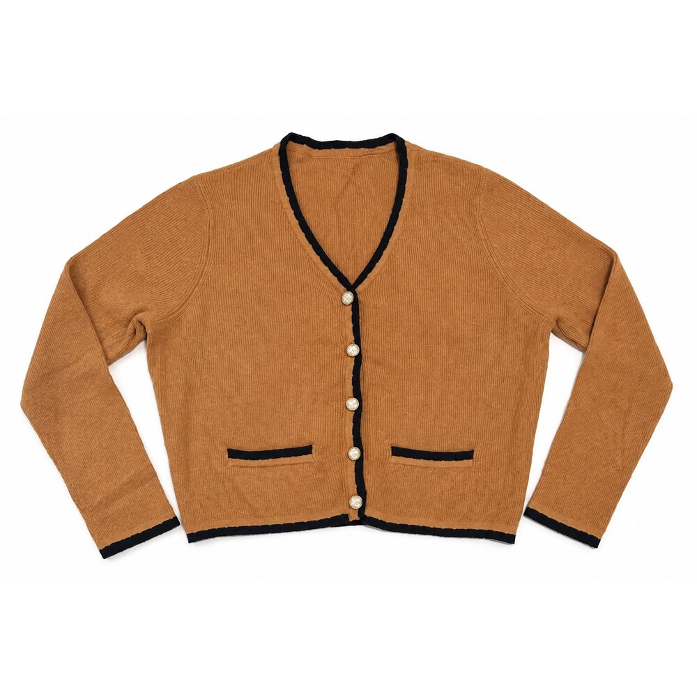 Vtg Y2K Sweater Womens Size S Orange Cable Knit Cotton Camel Ribbed Cardigan